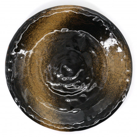 japanese black round plate in ceramic, KINKA golden brush