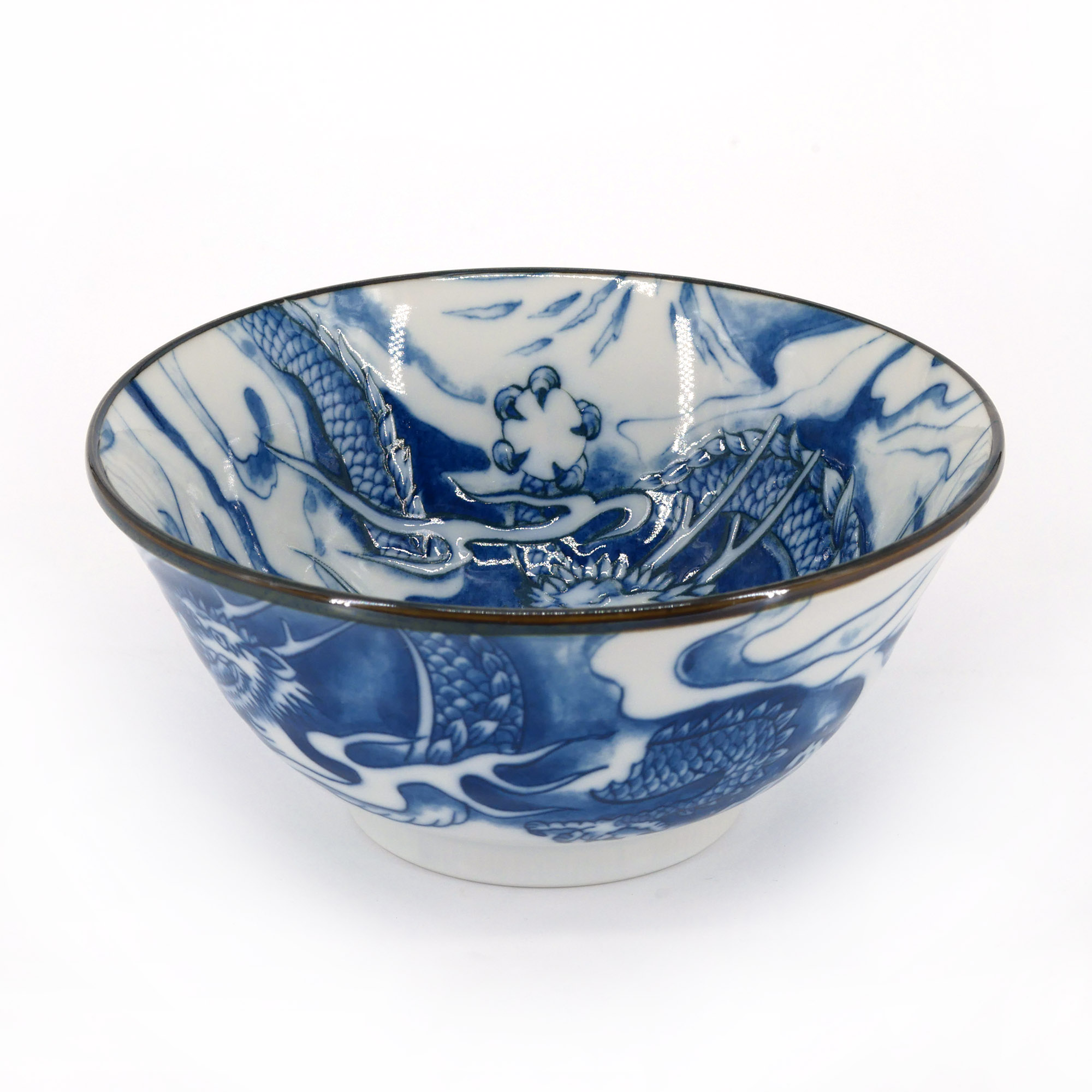 Japanese Ramen Noodle Soup Rice Bowl 8"D Porcelain Blue RYU Dragon Made in Japan 