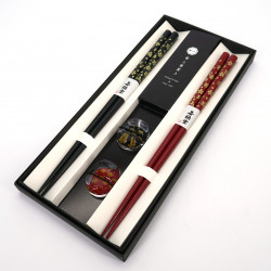 Set of 2 pairs of Japanese chopsticks and 2 chopstick holders in acrylic and resin with red and black flower motif, HANA