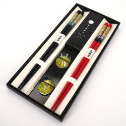 Set of 2 pairs of Japanese chopsticks and 2 chopstick holders in acrylic and resin with Crane motif, TSURU