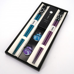 Set of 2 pairs of Japanese chopsticks and 2 chopstick holders in acrylic and resin with blue and purple cherry blossom pattern, 