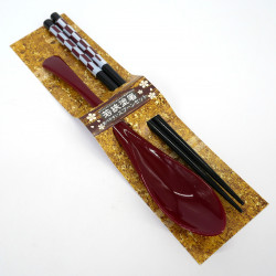 Set pair of chopsticks and spoon in assorted acrylic and red resin, YAGASURI AKA