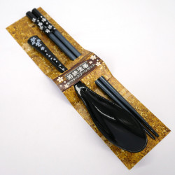 Pair of matching black acrylic and resin chopsticks and spoon set, Cherry Blossom, SAKURA NO HANA KURO