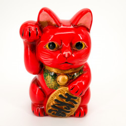 Giant red cat right paw raised manekineko Japanese piggy bank, NEKO AKA