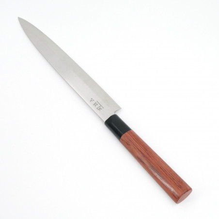 Japanese kitchen knife with red wooden handle for cutting thin slices of fish, YANAGIBA SEKI MAGOROKU, 21 cm